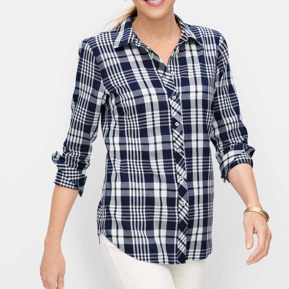 Talbots Cotton Button-Front Shirt Plus 2X Bicolor Indigo/Ivory Plaid